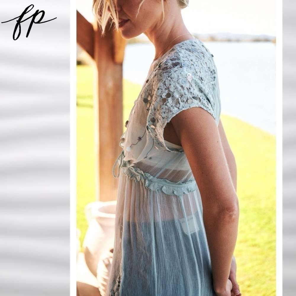 FREE PEOPLE Make a Splash Sheer Sequin-Embellished Tie Front Long Cover-Up/Dress - Picture 5 of 16